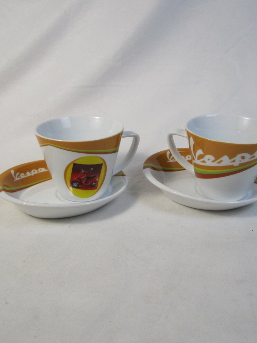 Vespa Motor Scooter White Cups / Mugs with Saucers- Lot of 2
